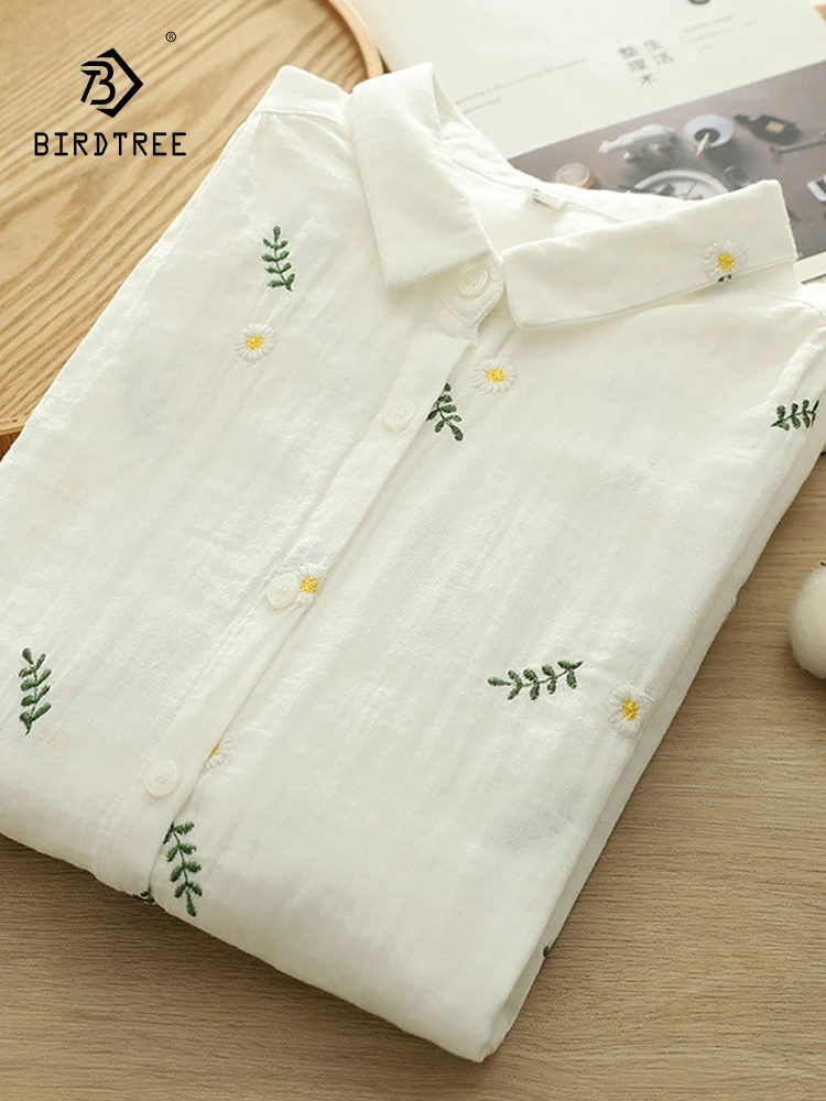 

New 2025 Spring Cotton Yarn Long Sleeve Shirt, Women Turn-down Collar Embroidery, Mori Girl Preppy Style Loose Blouse T52712CC