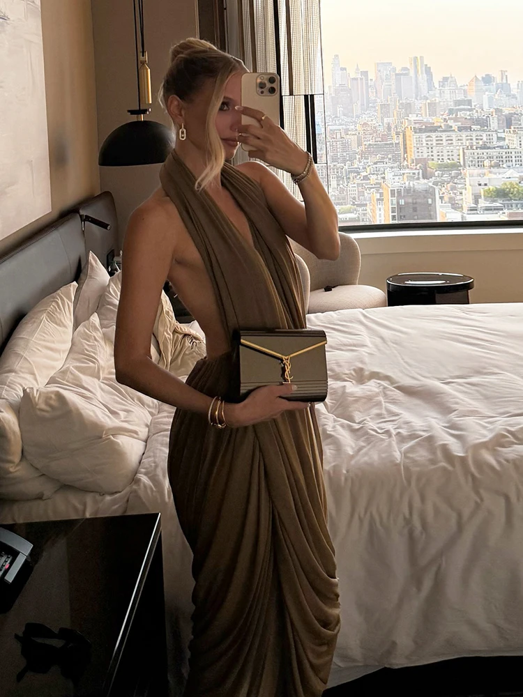 Nibber froncé licou robe Maxi femmes sans manches dos nu ourlet irrégulier solide vacances classique base bal fête élégante robes