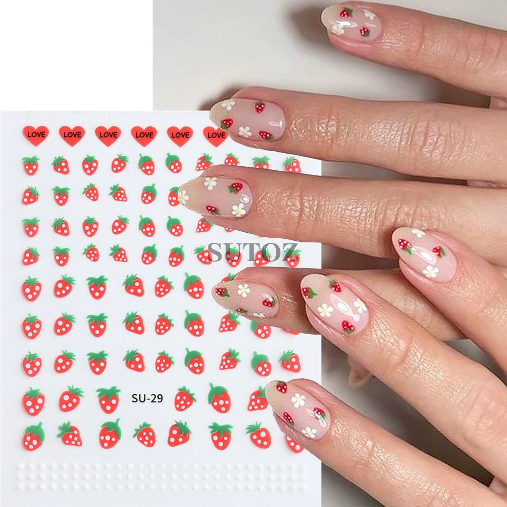 3D Strawberry Nail Art Stickers Heart White Round Dot Nail Decal Y2K Strawberry Slider Self-Adhesive Manicure Decoration NTSU-29