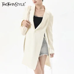 TWOTWINSTYLE Patchwork Lace Up Solid Blazer For Women Notched Collar Long Sleeve Spliced Button Split Chic Coats Female Style