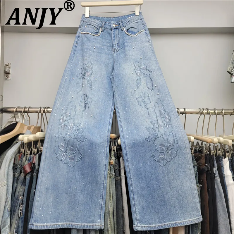 

ANJY 2025 Autumn New Women's Jeans Embroidery Diamonds Beaded Elegant Temperament Ins Loose Slimming Straight Denim Pants A15306