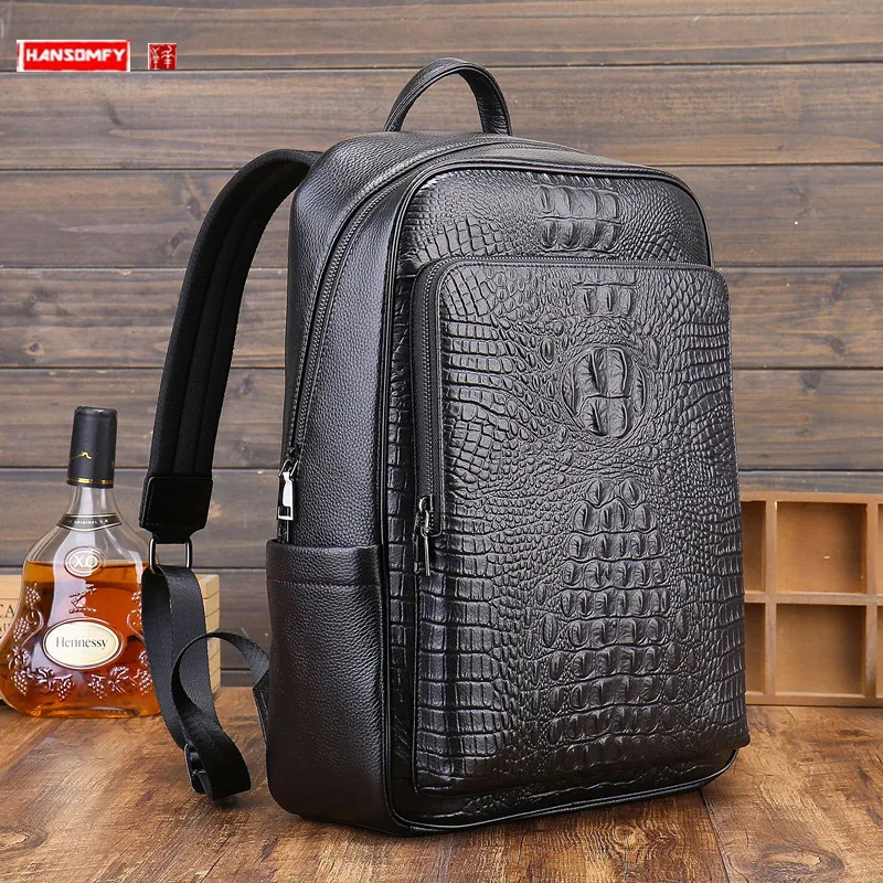 

Leather Backpack Men's Crocodile Pattern First Layer Cowhide Large-Capacity Travel Backpacks Computer Bag Men Business Schoolbag