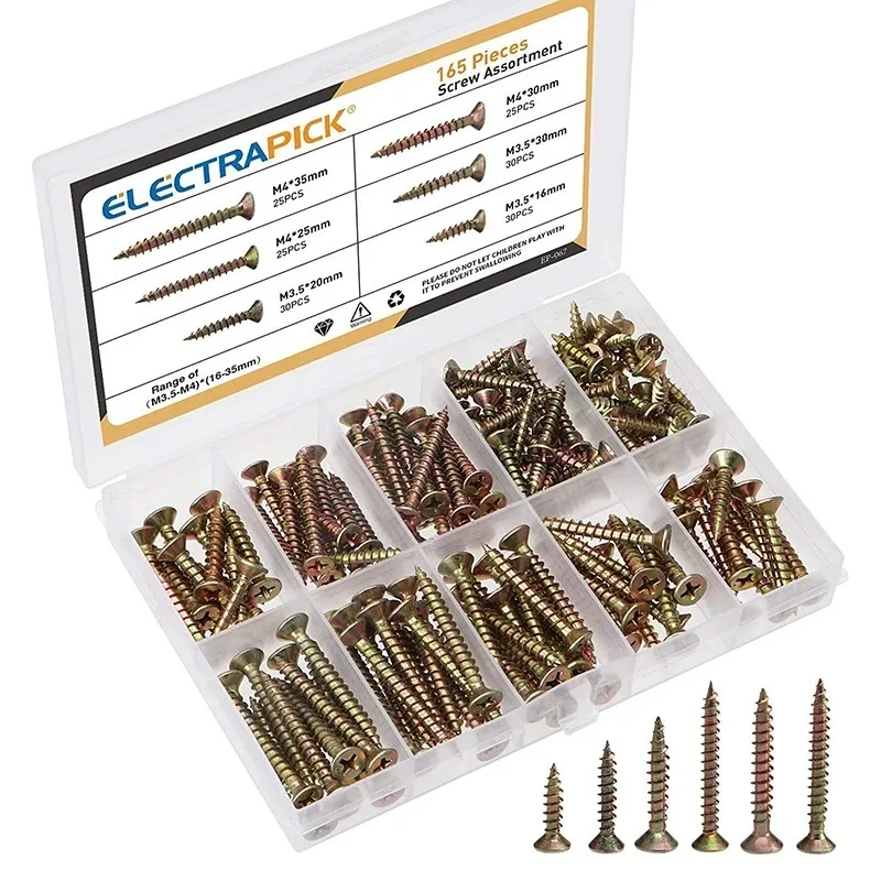 165pcs M3.5 M4 Cross Flat Head Self Tapping Screw Assortment Kit Countersunk Head Small Screws Wood Thread Nail Screw Sets DIY