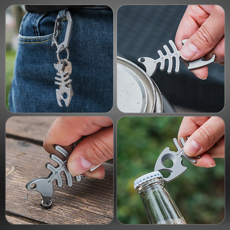 Collana creativa con piede di porco a forma di lisca di pesce Portachiavi multifunzionale con leva di leva in lega di titanio Apribottiglie Strumenti EDC