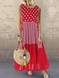 Women Long Shirt Dress 2023 Summer Maxi Dresses Polka Dot Sleeveless O-neck Cotton Linen Large Size Casual Loose Dress Female