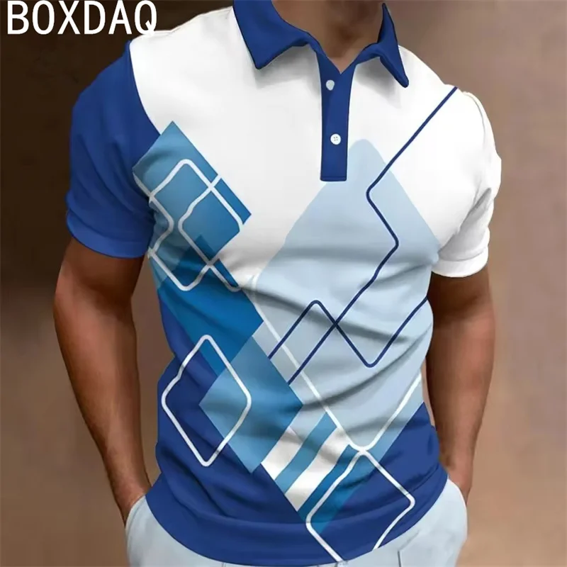 Fashion Men Polo Shirt Summer Big Size Men's Casual Short Sleeve Lapel Golf Wear Sport Polos 3D Striped Geometric Printed Polos