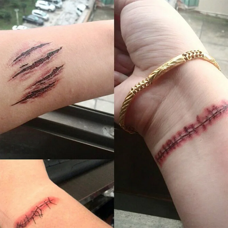 DIY Wound Blood Wound Stickers Halloween Tattoo Stickers Zombie Scar Tattoo Simulation Horror Bleeding Suture Scar Stickers`..