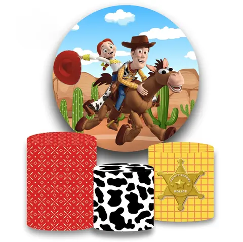 Couverture de toile de fond ronde de dessin animé Toy Story, couverture d'intervalles de cercle, décoration de fête d'anniversaire, baby shower, cowboy occidental