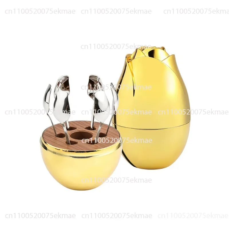 Stainless Steel Coffee Spoon and Fruit Fork Set – Afternoon Tea Cutlery – Rose-Shaped Egg