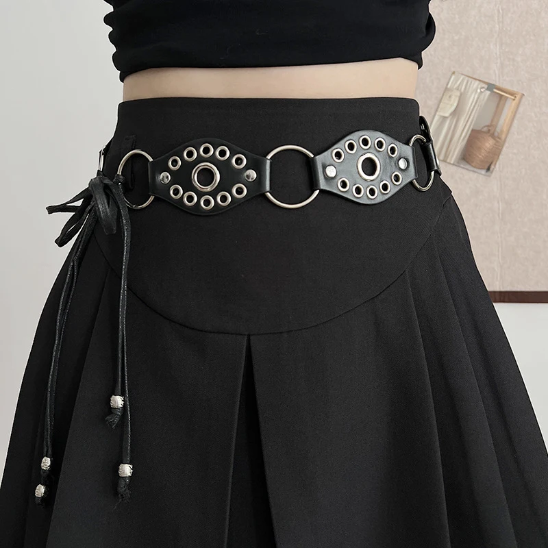 

American Retro Rivet Metal Buckle Belt Women's Spliced Belt Millennial Spicy Girl Y2k Design Sense Strap Waist Rope