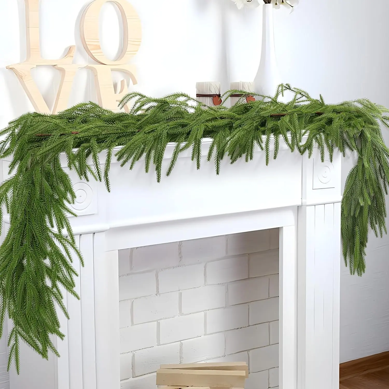 2 Pcs Artificial Norfolk Pine Garlands, Real Touch Winter Pine Garland, Green Artificial Greenery Garland