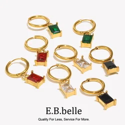 Christmas Jewelry Minimalist Small Rectangle Zircon Stone Charm Huggie Hoop Earrings For Women Stainless Steel Colorful Earring