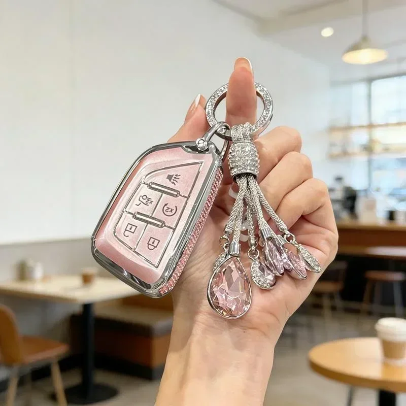 

4 Buttons TPU Car Key Fob Cover Shell with Side Decorative Crystals for Cadillac XT4 XT5 XT6
