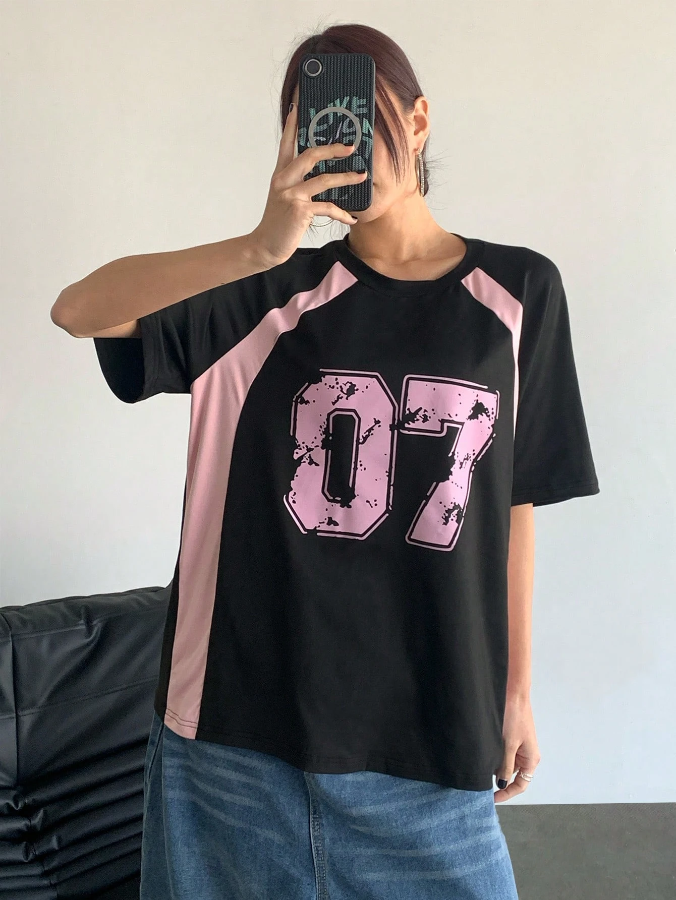 Ropa de mujer moda Casual cuello redondo contraste Color número 07 ropa informal estampada camiseta camisetas deportivas y Tops de moda