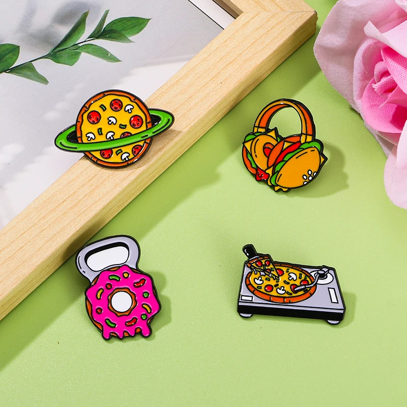 Kitchen Food Collection Hard Enamel Pins Personality Pizza Earth Burger Earbuds Donut Bottle Opener Shaped Brooches