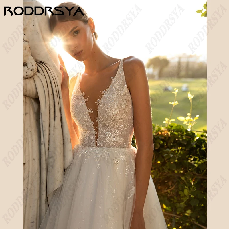 RODDRSYA Princesa Vestidos De Casamento Para As Mulheres Sexy V-Neck Backless Noiva Festa Sem Mangas Tule A linha Vestido De Noiva Casamento Princesa Vestidos De Casamento Para As Mulheres Sexy V-Neck Backless Noiva Fe