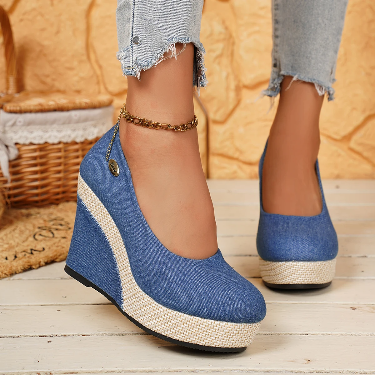 Zapatos De tacón con plataforma gruesa para Mujer, Zapatos sin cordones para verano, correas en el tobillo para playa, tacones altos, Zapatos De talla grande