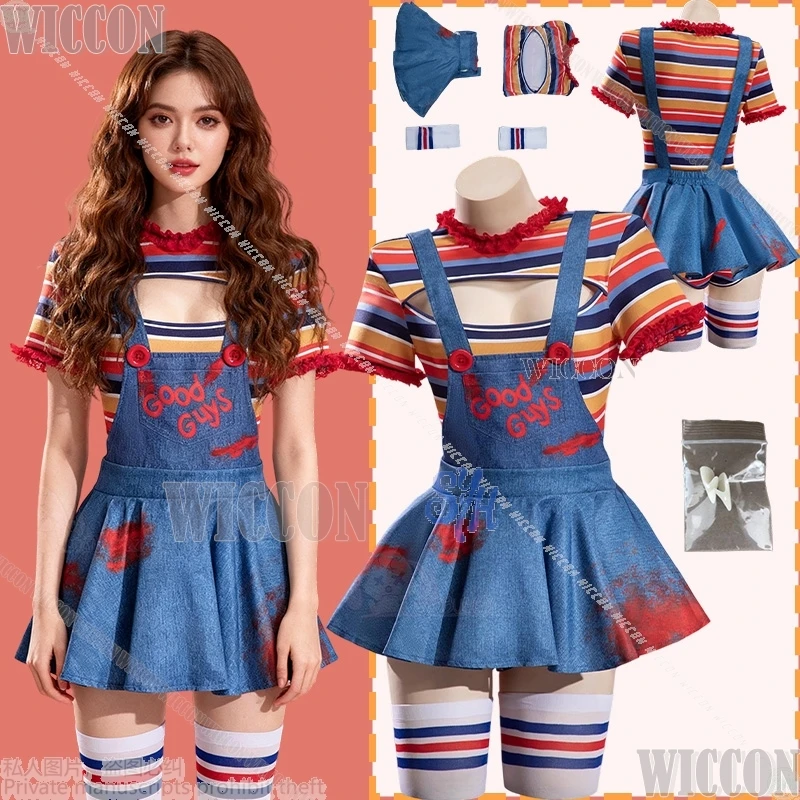 

2025 Хэллоуин, косплей, рубашка в полоску с призраком, комбинезон, детское платье с героями мультфильмов, страшная кровь, карнавальный наряд в стиле готической Лолиты