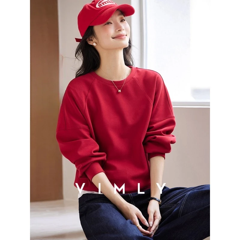 

VIMLY Red Sweatshirts Sporty Autumn 2025 Woman Casual New Long Sleeve Round Neck Knitted Patchwork Loose Ladies Sweatshirt A1935
