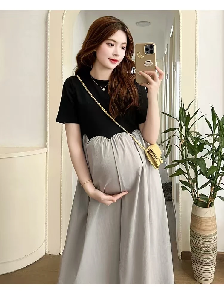 2024 French Style Pregnant Women Elegant Dress Plus Size Long Sleeve O-Neck High Waist Maternity A-Line Dress Long Loose Clothes