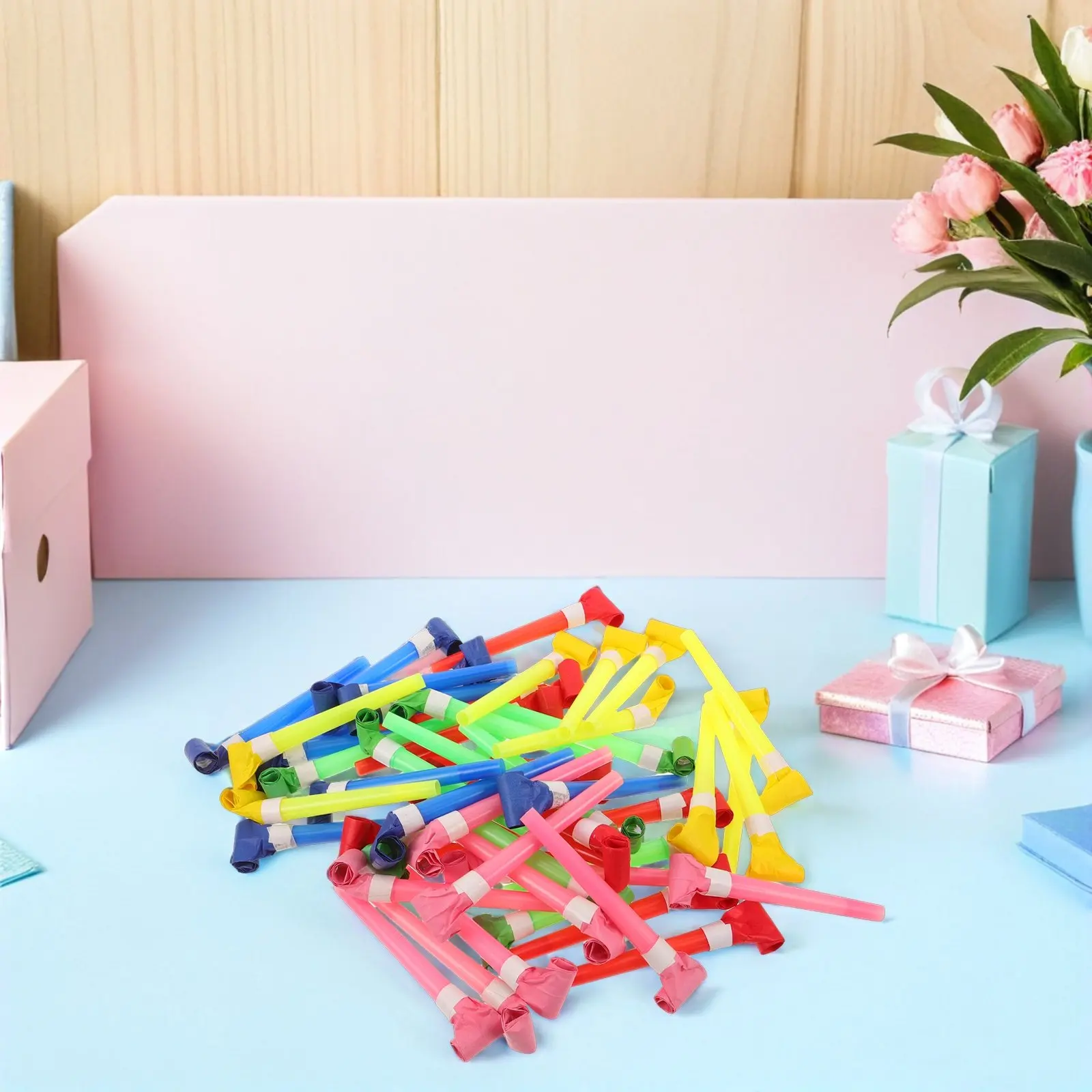 

50Pcs Party Noisemaker Whistles Colorful Plastic Blow Horns Loud Moderate Sound Birthday Graduation Goodie Bag Party Favors