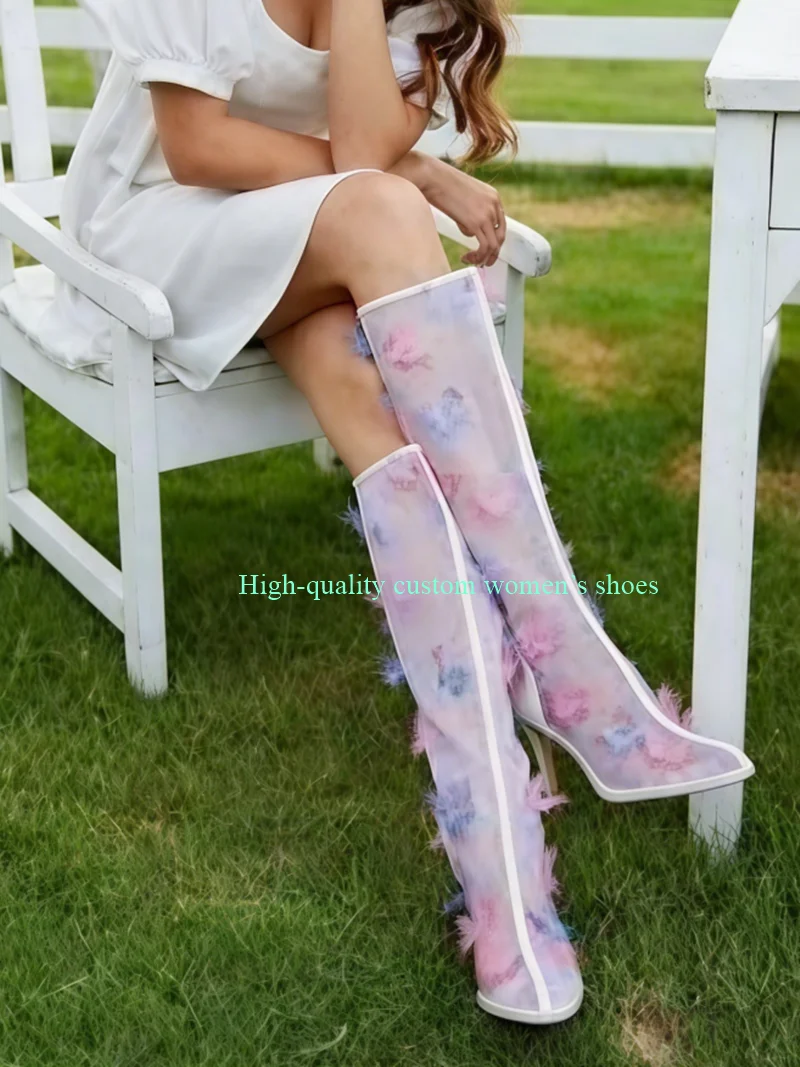 

Transparent Version Waterproof Platform Women's Knee-High Boots Pink And Blue Butterfly Decoration Luxury Women's Shoes