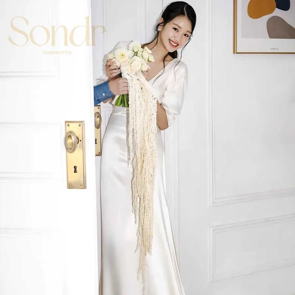 

Sondr Elegant Korean Wedding Party Dresses Ivory Satin A-Line Evening Dresses Korea Photo Shoot Bridal Gown Customized