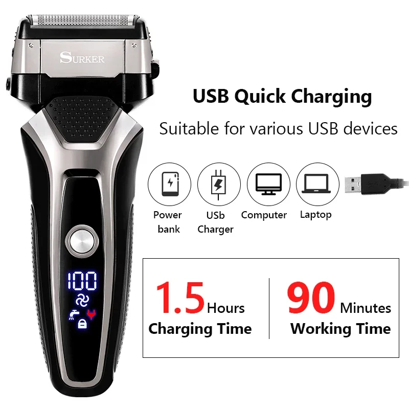 USB Rechargeable Electric Shaver Stainless Steel Shaving Machine Men 3D Triple Floating Blade Razor Shaver Barber Trimmer