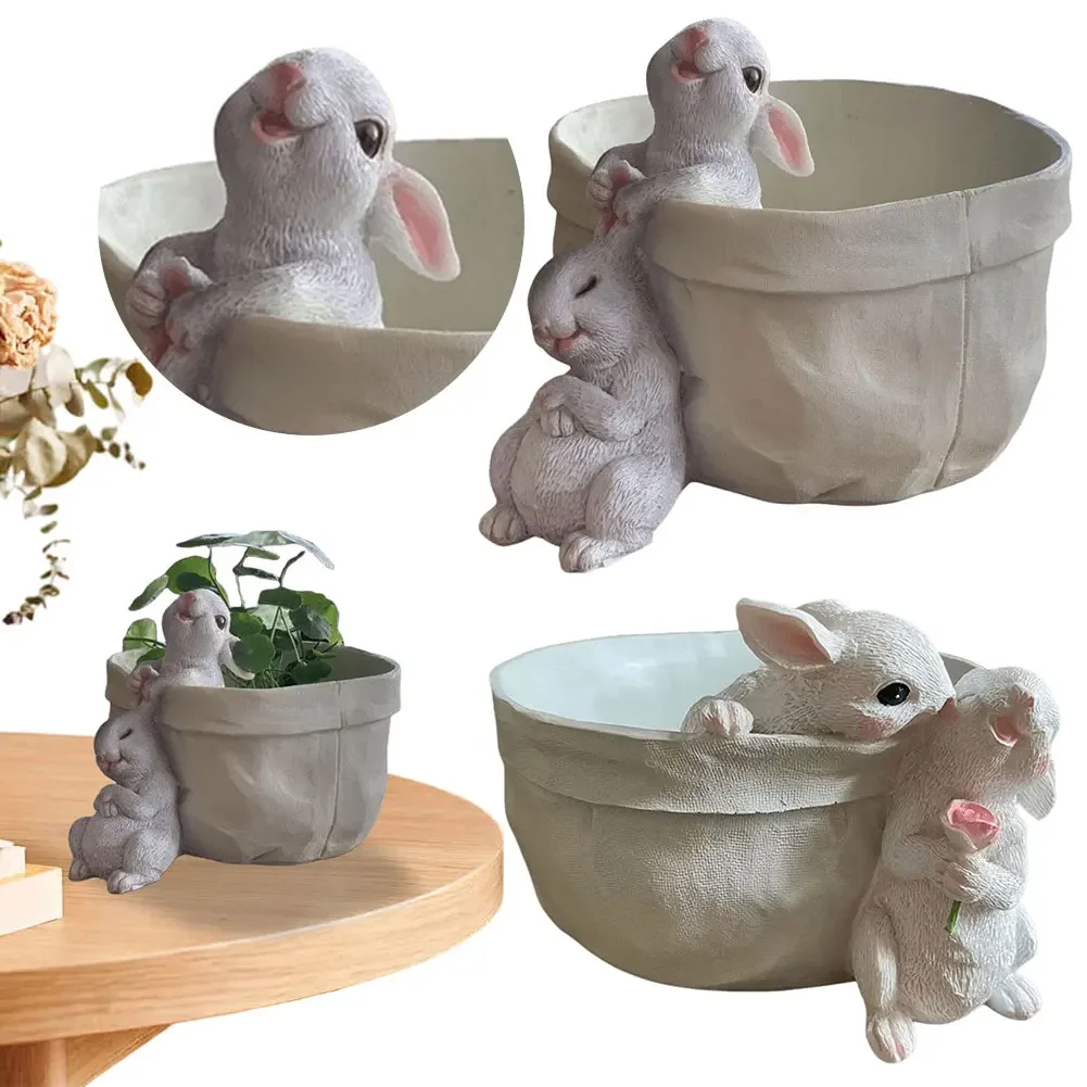 Pot de fleur de lapin de dessin animé créatif, lapin mignon, plante succulente, plante verte de jardin, bassin de fleurs en résine pour la cour, décor de balcon