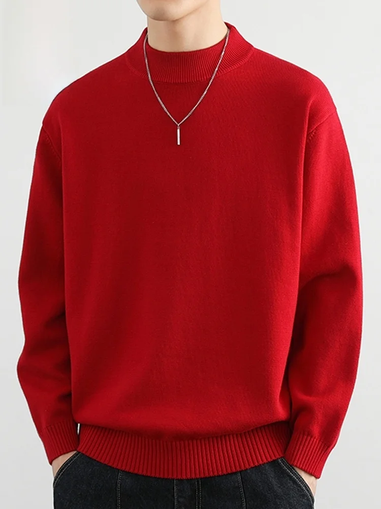 

Красный вязаный свитер с круглым вырезом для мужчин, повседневный, зимний, модный, базовый, для многослойных образов, из смесового хлопка, комфортный крой
