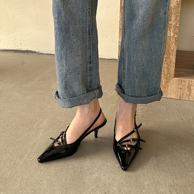 

Fashion Metal Buckle Pumps Women Pointed Toe Narrow Band Strap Low Heels Sandals Female Slingbacks Footwear Banquet Prom Shoes