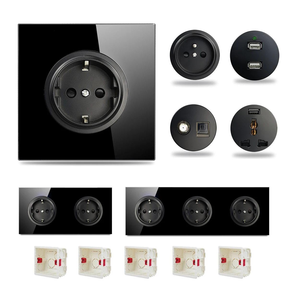 

Wallpad Black Tempered Glass Panel Wall Socket EU French MF Outlet USB Charge Ports Single Frame TV Internet RJ45 Factory Price