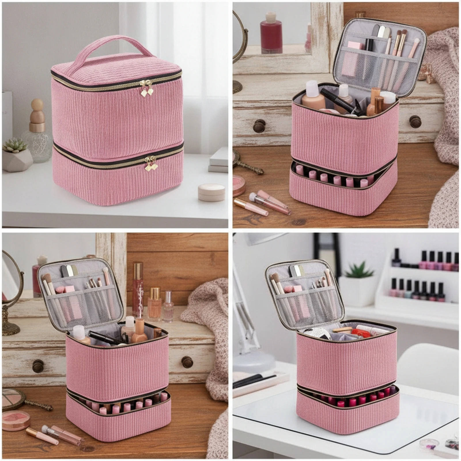 Nail Polish Case with Insert Corduroy Nail Polish Carrying Case Cosmetic Organizer Bag Travel for Manicurist, Salon Visits