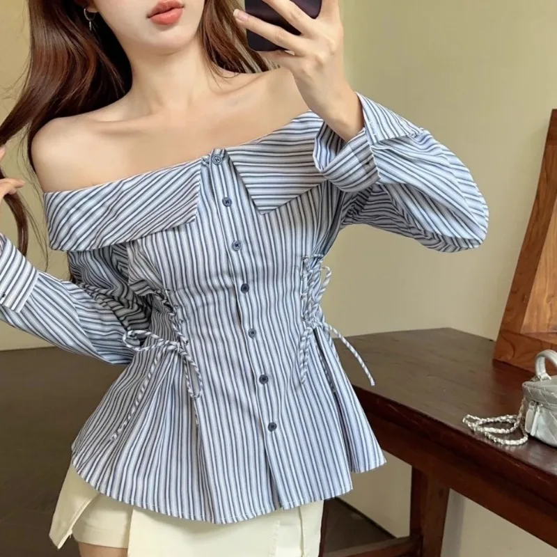 Slash Neck Shirts for Women Off Shoulder Striped Korean Style Spring Summer Hot Girls Tops Slim All-match Long Sleeve Lace-up