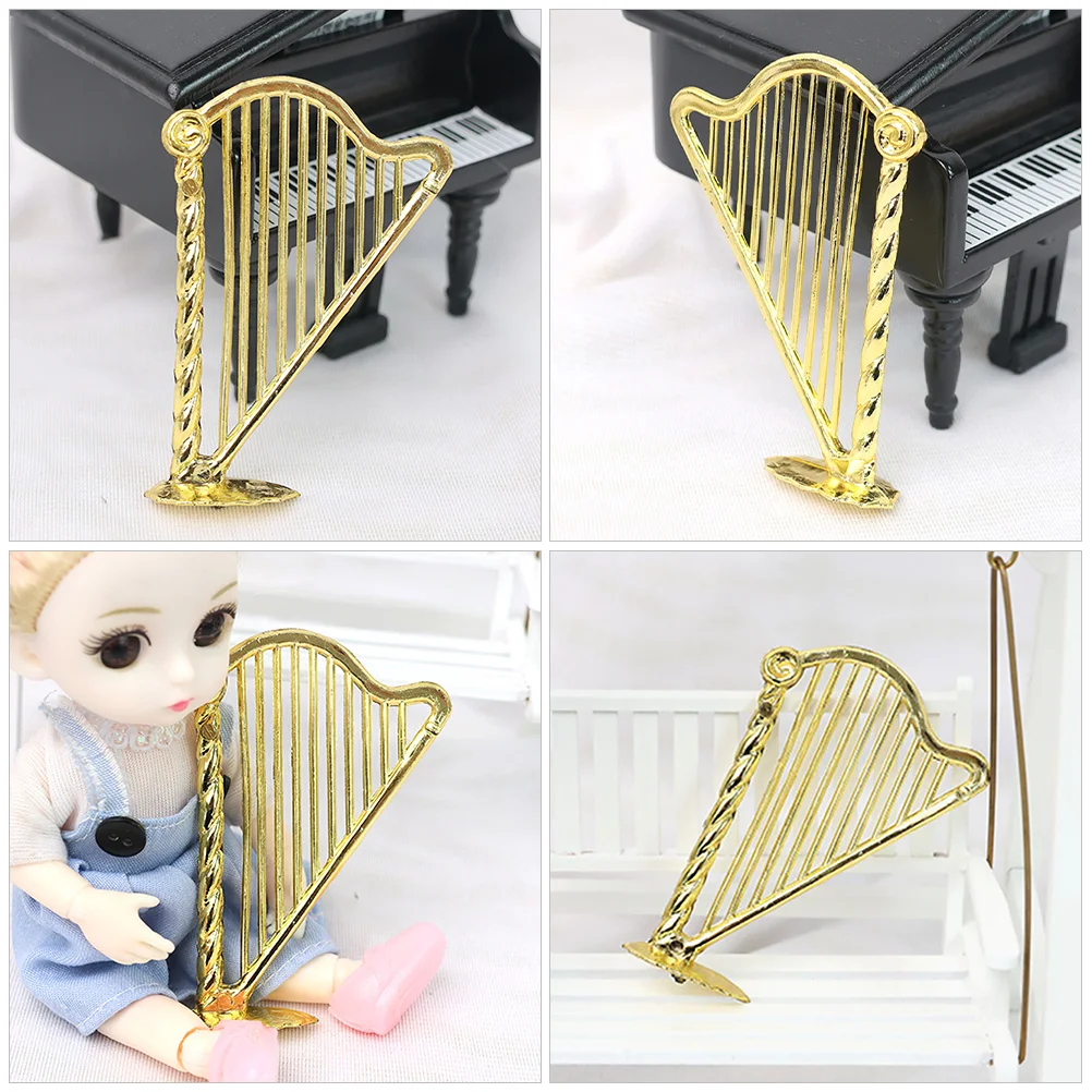 Brinquedo mini harpa artesanato de plástico simulação realista instrumento musical casa decoração modelo dourado trabalho em miniatura