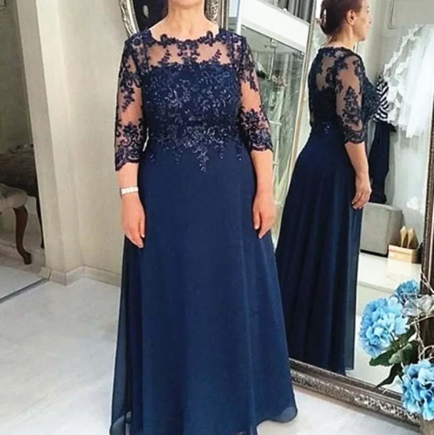 Chiffon Plus Size 3/4 Sleeves Appliques Long Groom Mother Dresses for Wedding Party Navy Blue Elegant Mother of the Bride Dress