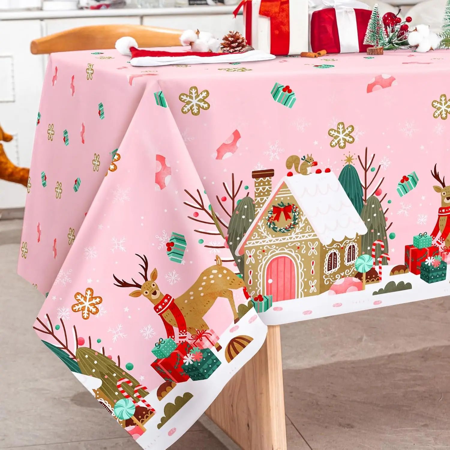 AnyDesign Pink Christmas Tablecloth Gingerbread House Reindeer Table Cover Rectangle Table Cloth for Xmas
