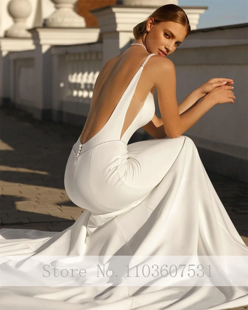 Dramatic Deep V-neck Satin Wedding Dress for Women Backless Mermaid  Wedding Bridal Gown with Watteau Court vestidos de novia