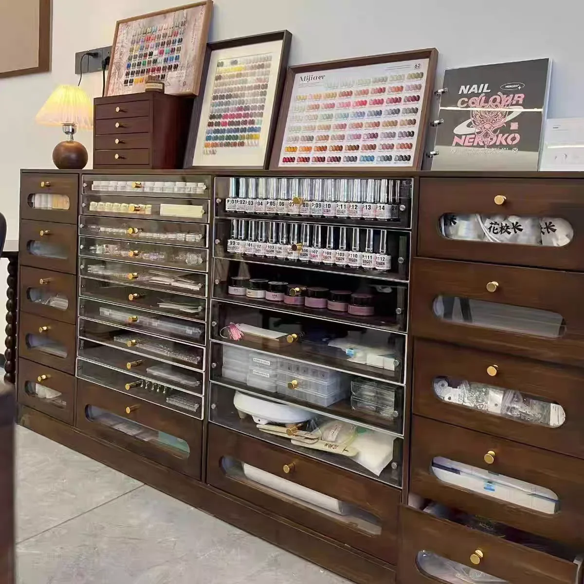 Retro solid wood nail salon display cabinet Middle antique Nail polish glue Floor Nail polish swatch loc