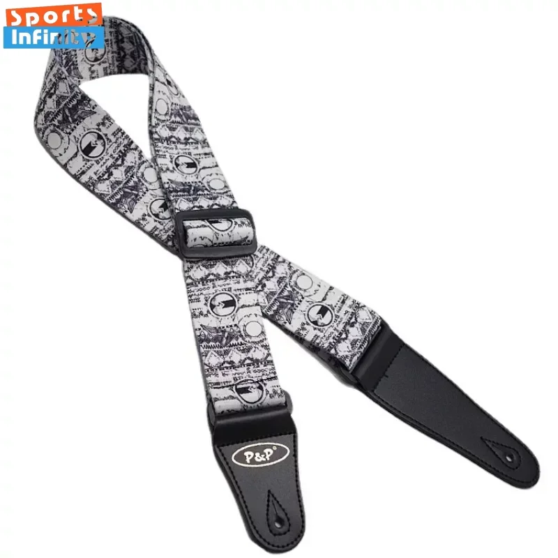 New Fashion Black White Guitar Strap Adjustable Printed  Acoustic Folk  Electric Guitar Strap Bass Ukulele Guitar Accessories