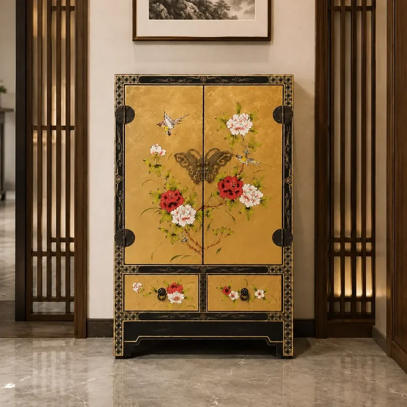 Glossy Gold Foil Hand Painted Semi Round Bucket Cabinet Entrance Locker Storage Decor Export Quality Batch Promotion