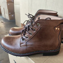Motorcycle Boots American Casual Leather Shoes Men's UK Style Retro Work Shoes Men Big Head Lace Up Ankle Boot Plus Size Male