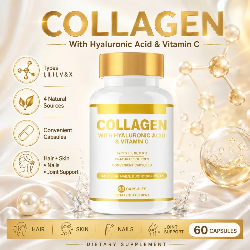 

Collagen Capsules with Hyaluronic Acid & Vitamin C Multi Types I II III V X Beauty Supplement for Skin Hair Nails 60 Capsules