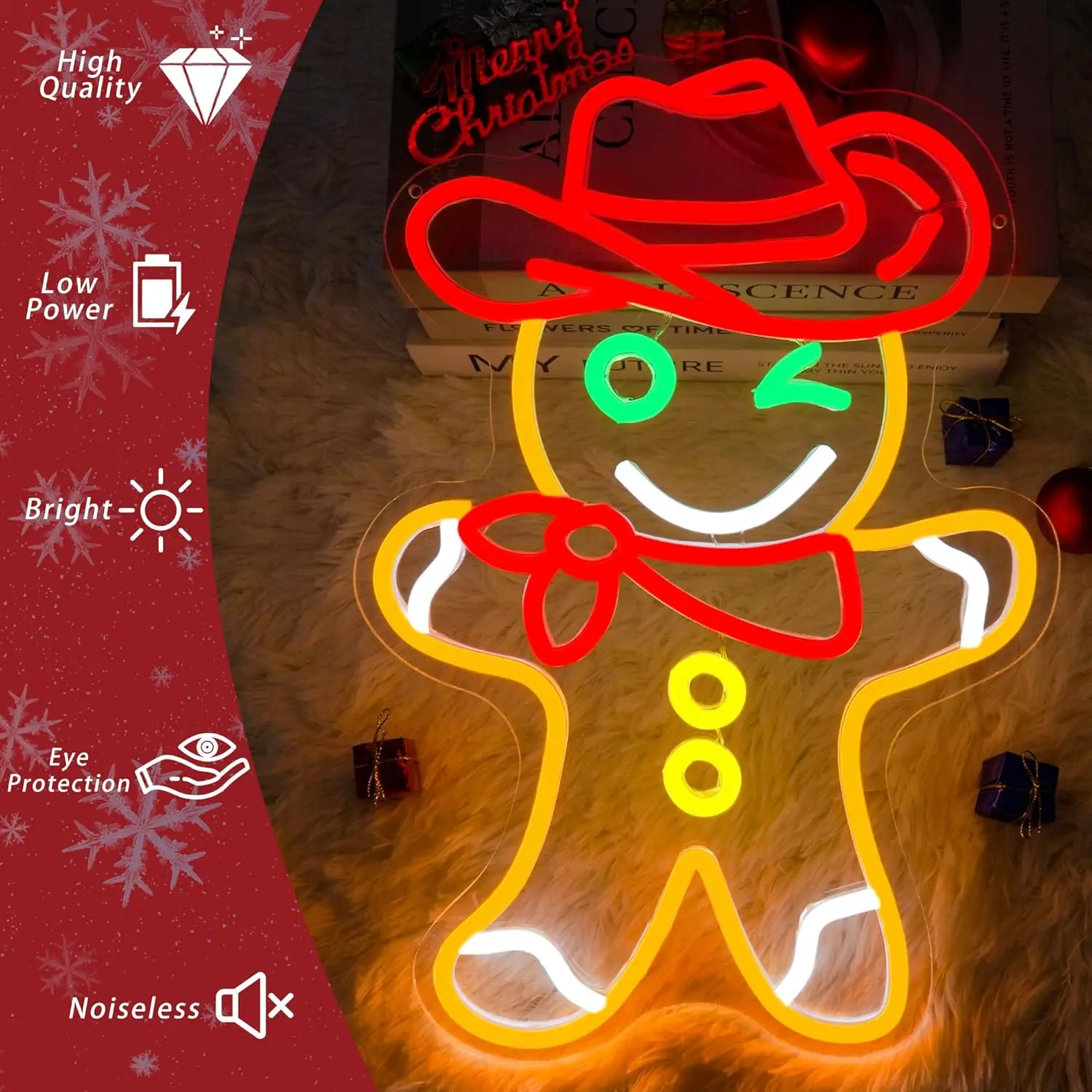 ป้ายไฟนีออนรูปคาวบอยขนมปังขิงสำหรับตกแต่งคริสต์มาส ไฟ LED ปรับความสว่างได้ผ่านพอร์ต USB สำหรับร้านอาหาร ร้านค้า งานปาร์ตี้ ตกแต่งธุรกิจ