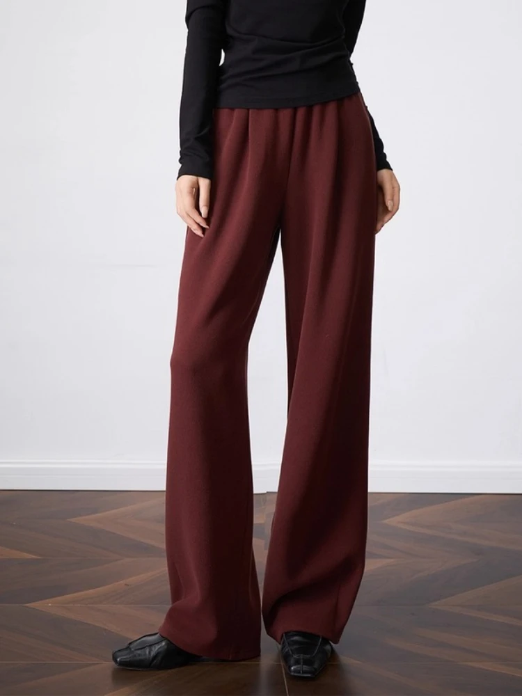 OLrain Vintage Straight Pants Women Autumn 2025 New Solid Knitted Pants Elastic Waist Loose Long Trousers Female O57QK001612