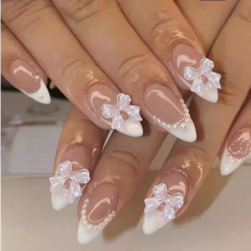 24pcs Medium Short Almond Acrylic Bowknot White Press on Nails White Pearl Sweet French False Nails Tips Cute Cheap Nail Korean