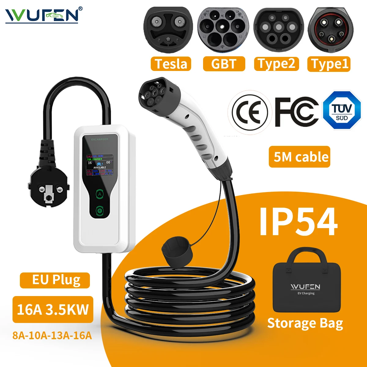 

Портативное зарядное устройство WUFEN EV Type1 Type2 GBT Tesla Зарядное устройство Schuko Plug WallBox Розетка европейского стандарта 3,5 кВт 16 А Быстрое зарядное устройство с регулируемыми током