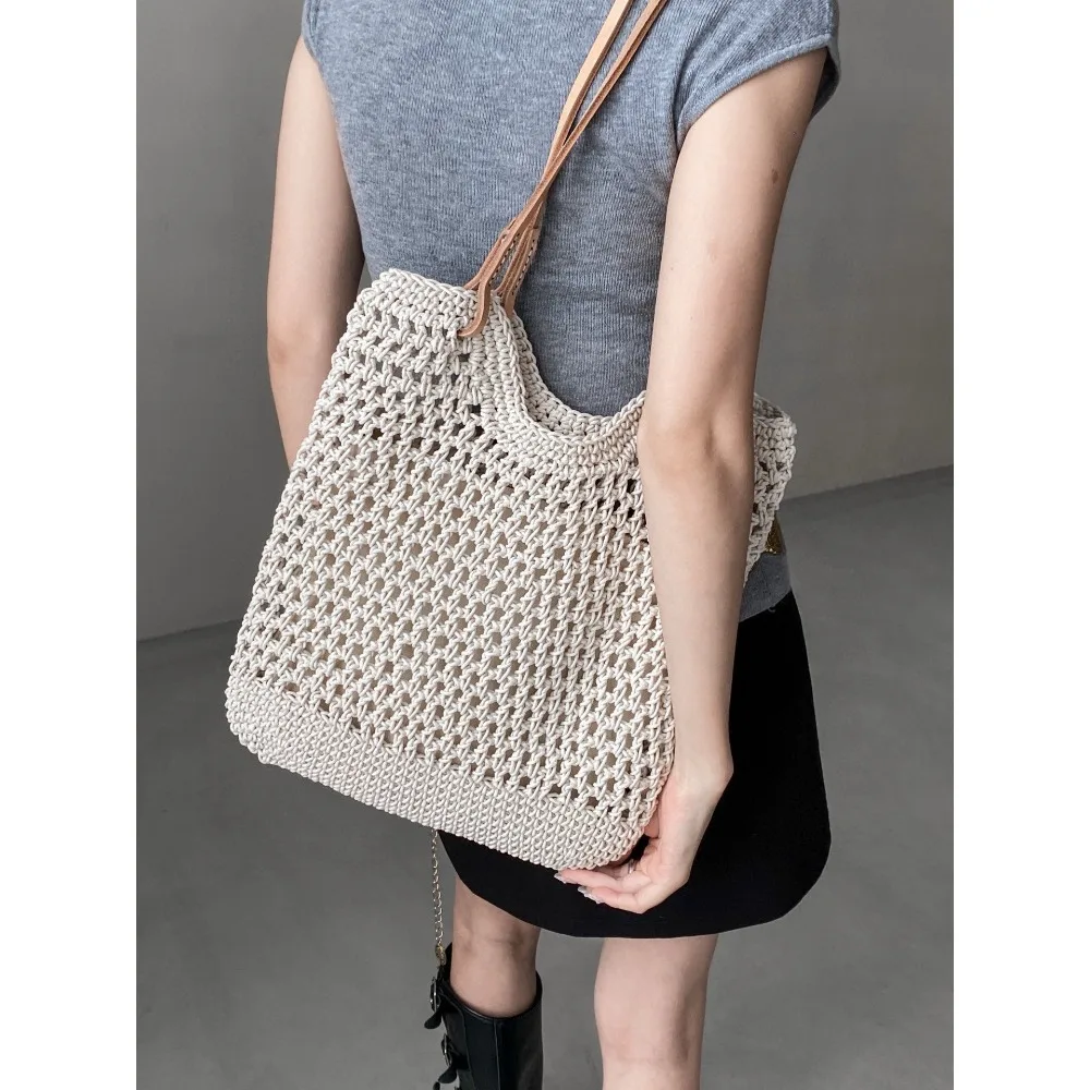 Wax Rope Woven Bag Light Luxury Large Capacity Hollow Tote Texture Unique Fashion Simple Retro Shoulder Oblique Span Holiday