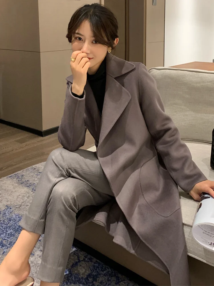 

Double-Faced Camere Woolen Coat Women's Midi Length Spring Autumn New Sle Ele Small Size Hepburn Sle Jaet