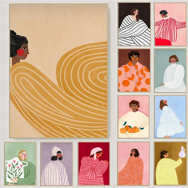 1 Stück rahmenloses Leinwandbild, minimalistisches Frauenporträt, Illustrationsposter, modernes, farbenfrohes, gestreiftes Cartoon-Mädchen-Leinwandgemälde, Wandkunst